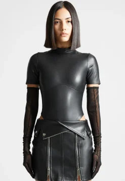 Vegan Leather Bodysuit with Mesh Gloves -^Manière De Voir Sale