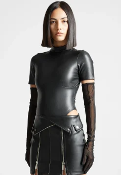 Vegan Leather Bodysuit with Mesh Gloves -^Manière De Voir Sale