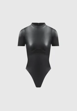 Vegan Leather Bodysuit with Mesh Gloves -^Manière De Voir Sale