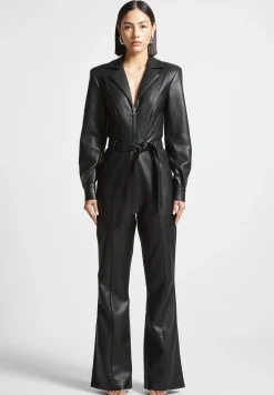 Vegan Leather Fit and Flare Belted Jumpsuit -^Manière De Voir Clearance