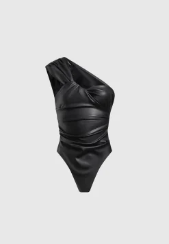 Vegan Leather Gathered Bodysuit with Sleeves -^Manière De Voir Sale