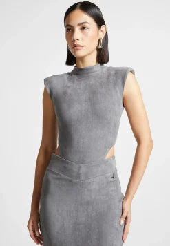 Vegan Suede Wide Shoulder Bodysuit - Light Grey^Manière De Voir New