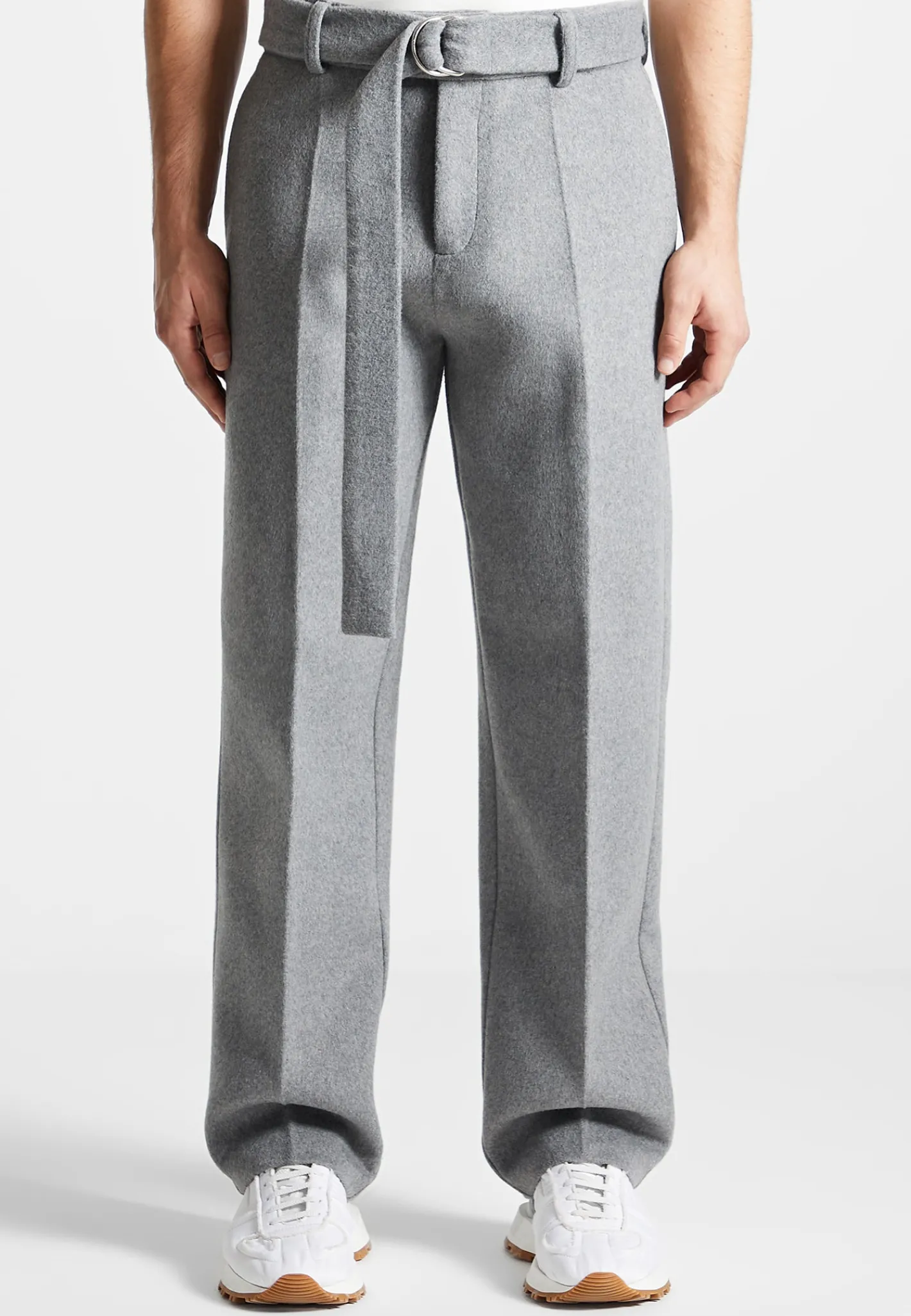 Wool Blend Marl Belted Trousers - Light Grey^Manière De Voir Fashion