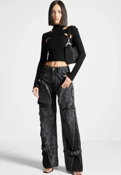 Zip Detail Denim Cargo Pants - Washed Black^Manière De Voir Outlet