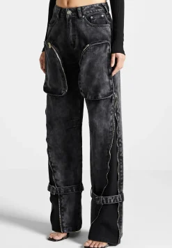 Zip Detail Denim Cargo Pants - Washed Black^Manière De Voir Outlet
