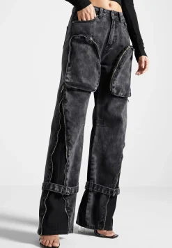 Zip Detail Denim Cargo Pants - Washed Black^Manière De Voir Outlet